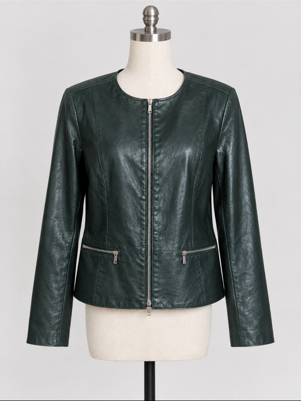 Lafayette 148 Women’s Dark Green Genuine Leather Zip Jacket, size 14